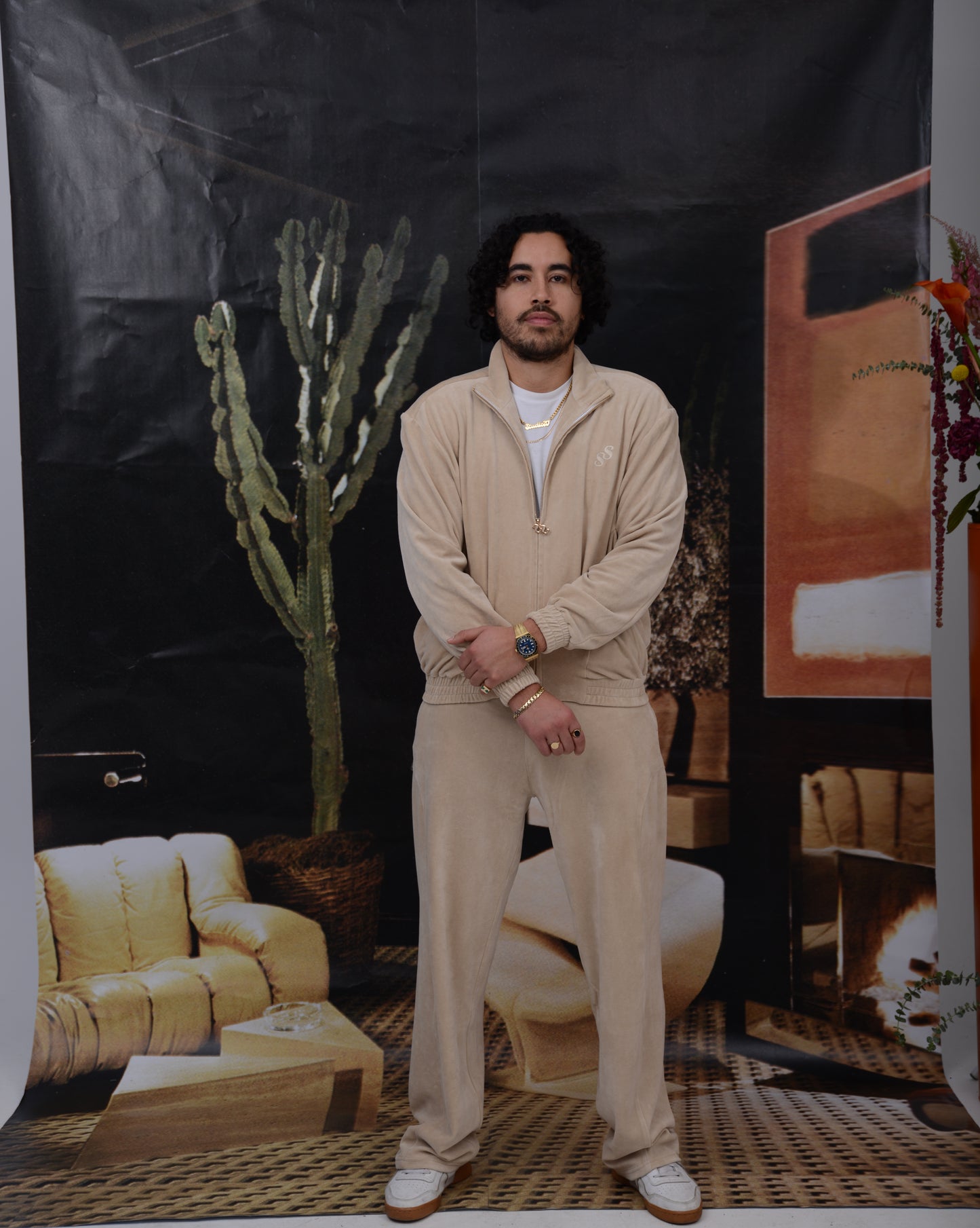 Mens Velour Tracksuit Bottoms - CREAM