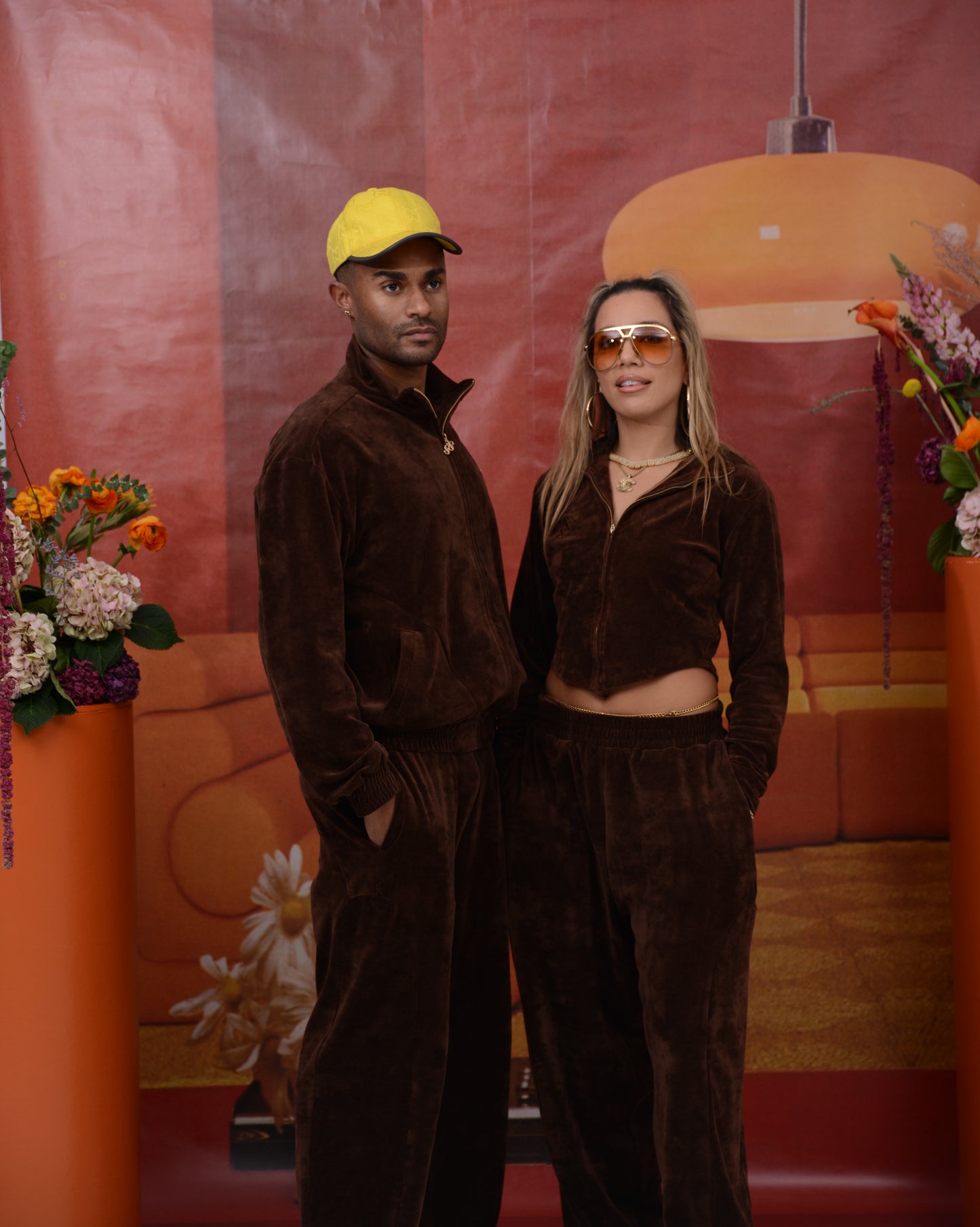Men's Velour Tracksuit Bottoms - BROWN