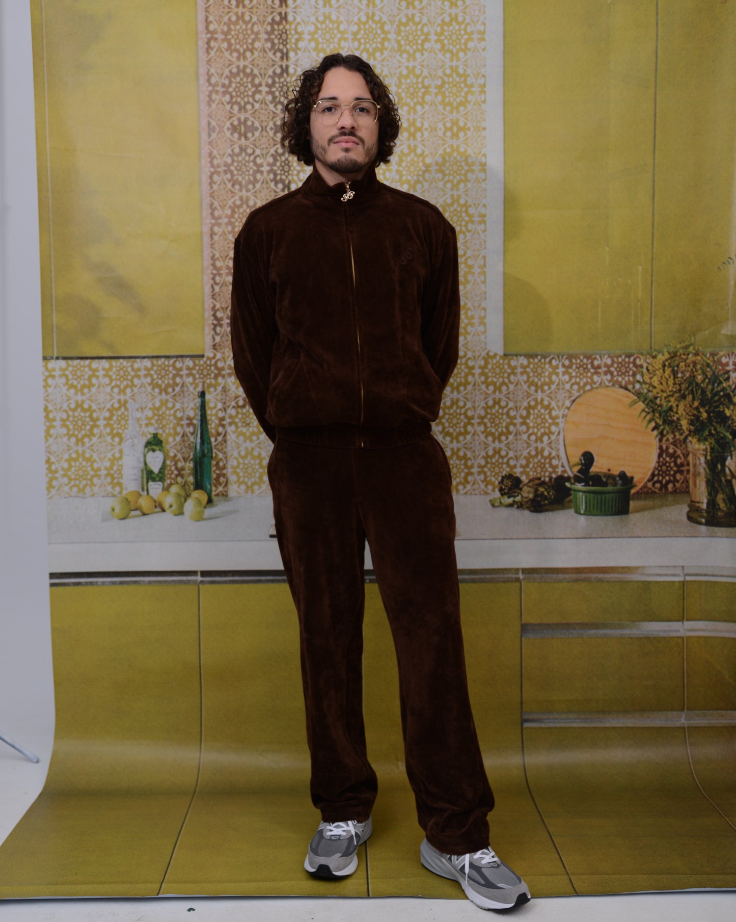 Mens Velour Tracksuit Top - BROWN